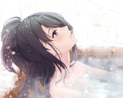 Rule 34 | 1girl, bathing, black hair, blue eyes, blurry, blush, breasts, depth of field, from side, highres, idolmaster, idolmaster shiny colors, kazano hiori, long hair, looking at another, looking up, mole, mole under mouth, nude, onsen, outdoors, parted lips, partially submerged, ponytail, small breasts, smile, snowing, solo, steam, water, yuzuyu (hyui)