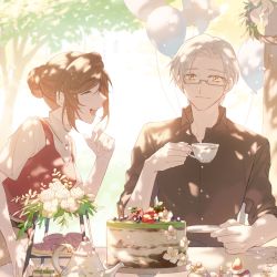 Rule 34 | 1boy, 1girl, :d, balloon, black shirt, brown hair, cake, closed mouth, cup, doughnut, earrings, flower, food, forehead, glasses, hair bun, highres, holding, holding cup, holding plate, jewelry, koeda (k83 4), necklace, open mouth, outdoors, plate, polo shirt, red vest, rosa (tears of themis), rose, shirt, short hair, short sleeves, single hair bun, sleeves rolled up, smile, table, teacup, teapot, tears of themis, tree, vest, vyn richter (tears of themis), white flower, white hair, white rose, white shirt, yellow eyes