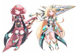 Rule 34 | aged down, child, flat chest, highres, juneplums, mythra (xenoblade), pyra (xenoblade), red eyes, red hair, simple background, xenoblade chronicles (series), xenoblade chronicles 2, yellow eyes