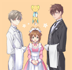 Rule 34 | 1990s (style), 1girl, 2boys, :3, :d, alternate costume, antenna hair, apron, arm at side, black jacket, black pants, black ribbon, blue jacket, bolo tie, brother and sister, brown eyes, brown hair, butler, buttons, cardcaptor sakura, cherry blossoms, closed mouth, collared shirt, cowboy shot, dress, dress shirt, enmaided, flower, flying, formal, glasses, gloves, green eyes, grey hair, grey ribbon, grey vest, hair bobbles, hair intakes, hair ornament, jacket, juliet sleeves, kero (cardcaptor sakura), kinomoto sakura, kinomoto touya, long sleeves, looking at viewer, maid, maid headdress, multiple boys, neck ribbon, open mouth, orange background, own hands together, pants, parted lips, pink dress, popqn, puffy sleeves, red eyes, retro artstyle, ribbon, round eyewear, shirt, short hair, siblings, simple background, smile, tailcoat, towel, tsukishiro yukito, two side up, vest, waiter, waitress, white apron, white gloves, white jacket, white pants, white shirt, wing ornament