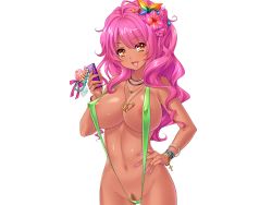 Rule 34 | 1girl, akagi rio, areola slip, bare arms, bare legs, bare shoulders, breasts, cellphone, covered erect nipples, cowboy shot, dark-skinned female, dark skin, doukin tera, eyebrows, female focus, female pubic hair, flower, game cg, groin, hair flower, hair ornament, hand on own hip, holding, large breasts, legs, long hair, looking at viewer, lots of jewelry, nail polish, navel, open mouth, orange eyes, phone, pink hair, pink nails, pubic hair, simple background, slingshot swimsuit, smile, solo, standing, swimsuit, tanetsuke kyoushitsu, thighs, white background