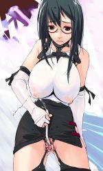 Rule 34 | 1girl, artist request, black hair, black skirt, breasts, brown eyes, catheter, censored, detached sleeves, elbow gloves, garter straps, glasses, gloves, huge breasts, labia clamps, long hair, looking down, miniskirt, nipples, no bra, no panties, object insertion, peeing, pussy, see-through, simple background, skirt, solo, spread pussy, standing, thighhighs, urethral insertion, zettai ryouiki