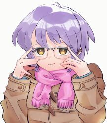 Rule 34 | 1girl, blue jacket, brown coat, brown eyes, buttons, coat, double-breasted, glasses, highres, jacket, kita high school uniform, looking at viewer, nagato yuki, nyuimaru, pink scarf, purple hair, scarf, school uniform, simple background, smile, solo, suzumiya haruhi no shoushitsu, suzumiya haruhi no yuuutsu, white background