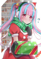 Rule 34 | 1girl, bad id, bad pixiv id, bang dream!, black gloves, blue hair, blunt bangs, blush, bow, box, brick wall, christmas, closed mouth, commentary, damu (7spoil), earmuffs, flustered, fringe trim, gift, gift box, gloves, green scarf, hair bobbles, hair ornament, hand up, hat, highres, holding, holding gift, incoming gift, long hair, looking away, multicolored hair, nyubara reona, outstretched arm, pink hair, plaid, plaid scarf, puffy short sleeves, puffy sleeves, red eyes, santa costume, santa hat, scarf, short sleeves, sidelocks, solo, tareme, twintails, two-tone hair