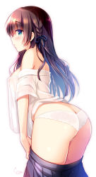 Rule 34 | 1girl, ass, bare shoulders, blue eyes, blue ribbon, braid, breasts, brown hair, clothes pull, commentary request, hair ribbon, highres, large breasts, leaning forward, long hair, off shoulder, original, panties, profile, ribbon, sasai saji, see-through, signature, simple background, skirt, skirt pull, solo, underwear, white background, white panties