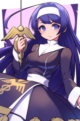 Rule 34 | 1girl, black dress, border, breasts, closed mouth, commentary, dress, hairband, highres, holding, holding sword, holding weapon, large breasts, long hair, orie ballardiae harada, outside border, purple background, purple eyes, purple hair, rapier, solo, sword, umenodo, under night in-birth, under night in-birth 2 sys:celes, weapon, white border, white hairband