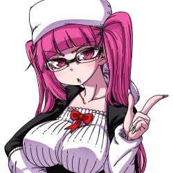 Rule 34 | 1girl, bleach, breasts, dokugamine riruka, dress, glasses, hand on own hip, hanya (hanya yashiki), hat, highres, large breasts, long hair, looking at viewer, open mouth, pink eyes, pink hair, shiny skin, tsundere, twintails, upper body