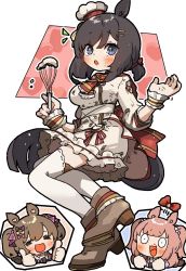 Rule 34 | 3girls, = =, agnes digital (umamusume), amonitto, animal ears, black hair, blood, blue eyes, blush, boots, breasts, brown footwear, brown hair, buttons, commentary request, constricted pupils, double-breasted, dress, eishin flash (collect chocolatier) (umamusume), food, food on face, full body, hair ornament, hairclip, hat, high heel boots, high heels, highres, horse ears, horse girl, horse tail, looking at viewer, medium breasts, mini hat, multiple girls, nosebleed, notice lines, open mouth, pink hair, smart falcon (umamusume), solo focus, tail, thighhighs, thumbs down, umamusume, whisk, white dress, white legwear, wrist cuffs