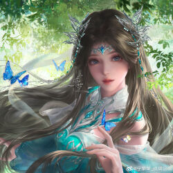 Rule 34 | 1girl, absurdres, blue dress, blue eyes, brown hair, bug, butterfly, butterfly hair ornament, circlet, clothing cutout, douluo dalu, dress, fafa zi tiantian kuaile, foliage, hagoromo, hair ornament, hand up, highres, insect, long hair, looking at viewer, looking back, ning rongrong (douluo dalu), parted lips, second-party source, shawl, solo, upper body