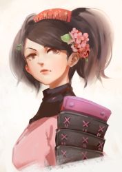 Rule 34 | 1girl, 3four, armor, brown eyes, brown hair, closed mouth, commentary request, hair ornament, japanese armor, kusazuri, looking at viewer, momohime, oboro muramasa, portrait, short hair, solo, swept bangs, twintails, upper body