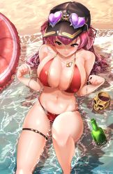 Rule 34 | 1girl, :p, absurdres, beach, beer bottle, breasts, dainana sugune, eyewear on head, glasses, hat, heterochromia, highres, hololive, hololive fantasy, houshou marine, houshou marine (summer), large breasts, red eyes, red hair, sand, skull cup, solo, swimsuit, tongue, tongue out, virtual youtuber, water, yellow eyes