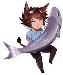 Rule 34 | 10s, 1boy, absurdres, animal ears, warrior of light (ff14), blue eyes, brown hair, cat ears, cat tail, chibi, eliezela shinjae, final fantasy, final fantasy xiv, fish, freckles, goggles, goggles on head, highres, looking at viewer, male focus, miqo&#039;te, signature, solo, tail, transparent background