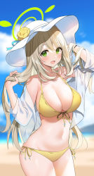 Rule 34 | 1girl, :d, arm up, bare shoulders, bikini, blonde hair, blue archive, blurry, blurry background, breasts, cleavage, cowboy shot, flower, front-tie bikini top, front-tie top, green eyes, halo, halterneck, hand up, hat, hat flower, highres, holding, holding own hair, kurot, large breasts, long hair, looking at viewer, navel, nonomi (blue archive), nonomi (swimsuit) (blue archive), off shoulder, official alternate costume, open clothes, open mouth, open shirt, shirt, side-tie bikini bottom, smile, solo, stomach, strap gap, string bikini, sun hat, swimsuit, thighs, white hat, white shirt, yellow bikini