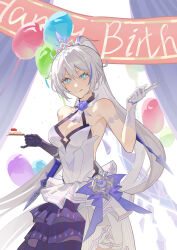 Rule 34 | 1girl, :q, absurdres, asymmetrical gloves, balloon, bare shoulders, black gloves, blue eyes, breasts, cleavage, comet (user fjsa4577), commentary request, cowboy shot, dress, gloves, hair between eyes, happy birthday, highres, honkai (series), honkai impact 3rd, kiana kaslana, long hair, looking at viewer, medium breasts, mismatched gloves, ponytail, sleeveless, sleeveless dress, smile, solo, standing, tiara, tongue, tongue out, very long hair, white dress, white gloves, white hair