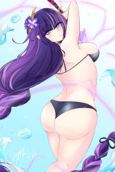 Rule 34 | 1girl, absurdres, ass, bare shoulders, bikini, braid, breasts, chappyzilla, from behind, genshin impact, hair ornament, hairpin, highres, large breasts, long hair, looking at viewer, looking back, mole, mole under eye, purple eyes, purple hair, raiden shogun, shiny clothes, shiny skin, sideboob, single braid, solo, swimsuit, sword, very long hair, weapon