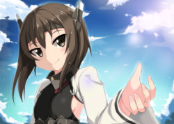 Rule 34 | 10s, 1girl, anchor, bin1998, blue sky, breasts, brown eyes, brown hair, cloud, collar, corset, day, hair between eyes, headband, headgear, jewelry, kantai collection, long sleeves, outstretched hand, ring, short hair, sideboob, sky, small breasts, smile, solo, sunlight, taihou (kancolle), upper body, wedding band