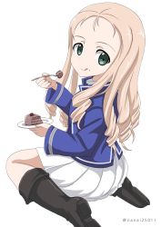 Rule 34 | 10s, 1girl, :q, bc freedom military uniform, black footwear, blonde hair, blue hat, blue jacket, boots, cake, closed mouth, commentary, dress shirt, drill hair, eating, food, food on face, forehead, fork, from behind, full body, girls und panzer, green eyes, hat, high collar, holding, holding fork, jacket, knee boots, long hair, long sleeves, looking at viewer, looking back, marie (girls und panzer), military, military hat, military uniform, miniskirt, one-hour drawing challenge, plate, pleated skirt, shako cap, shibagami, shirt, simple background, sitting, skirt, smile, solo, tongue, tongue out, twitter username, uniform, wariza, white background, white shirt, white skirt