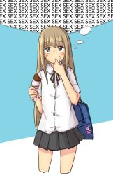 Rule 34 | 1girl, black skirt, blue bag, character request, collared shirt, copyright request, english text, finger in own mouth, food, grey eyes, highres, holding, holding food, holding spoon, ice cream, ice cream cone, light brown hair, long hair, neck ribbon, pleated skirt, po0000000000, ribbon, shirt, short sleeves, sidelocks, skirt, spoon, thought bubble, white shirt