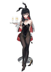 Rule 34 | 1girl, animal ears, bar stool, black bow, black bowtie, black footwear, black hair, black leotard, black pantyhose, bow, bowtie, breasts, champagne flute, cleavage, colored inner hair, cup, detached collar, drinking glass, fake animal ears, full body, high heels, highleg, highleg leotard, leotard, medium breasts, multicolored hair, original, pantyhose, playboy bunny, rabbit ears, red hair, serie niai, simple background, solo, stool, strapless, strapless leotard, tray, white background, wrist cuffs