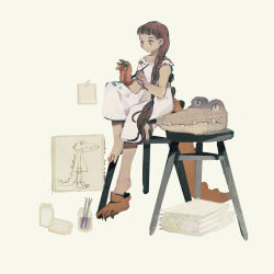 Rule 34 | 1girl, barefoot, braid, brown hair, child, claws, costume, crocodile costume, drawing, dress, fake tail, gloves, highres, long hair, mask, original, painting (action), simple background, sitting, solo, stool, tail, tono (rt0no), white dress