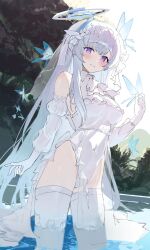 Rule 34 | 1girl, blue archive, bridal veil, bug, butterfly, dress, halo, highres, insect, kabedoru, noa (blue archive), partially submerged, purple eyes, smile, thighhighs, veil, wading, water, wedding dress, white hair, white thighhighs