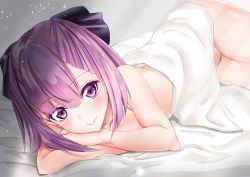 Rule 34 | absurdres, bare shoulders, bed, black ribbon, commentary, fate (series), flat chest, hair ribbon, helena blavatsky (fate), highres, looking at viewer, lying, purple eyes, purple hair, ribbon, short hair, smile, solo, toratora (nanahaba)