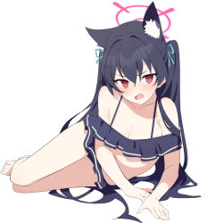 Rule 34 | 1girl, animal ear fluff, animal ears, barefoot, bikini, black bikini, black hair, blue archive, blue ribbon, blush, breasts, cat ears, cleavage, fang, frilled bikini, frills, full body, furrowed brow, hair ribbon, halo, highres, long hair, looking at viewer, lying, medium breasts, midriff, on side, open mouth, red eyes, ribbon, serika (blue archive), serika (swimsuit) (blue archive), simple background, solo, supershiruco, sweat, swimsuit, twintails, white background
