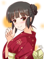 Rule 34 | 1girl, braid, braided bun, breasts, brown eyes, brown hair, dated, floral print, hair bun, highres, japanese clothes, kantai collection, kimono, long hair, looking at viewer, looking to the side, medium breasts, myoukou (kancolle), red kimono, sash, sawatani (chevalier 04056), single hair bun, solo, twitter username, upper body, white background