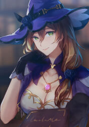 Rule 34 | 1girl, absurdres, asymmetrical hair, black gloves, blue flower, blue hat, blue rose, blurry, blurry background, book, breasts, brown hair, capelet, cleavage, closed mouth, commentary, dress, flower, genshin impact, gloves, gold trim, green eyes, hair between eyes, hair flower, hair ornament, hair over shoulder, hat, hat flower, head rest, highres, large breasts, lisa (genshin impact), long hair, looking at viewer, mitsudomoe (shape), mugiko mz, purple capelet, rose, smile, solo, tomoe (symbol), upper body, vision (genshin impact), white dress, witch hat