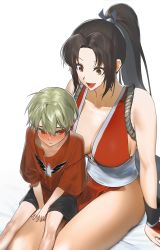 Rule 34 | 1boy, 1girl, absurdres, age difference, artist request, black hair, breasts, child, fatal fury, garou: mark of the wolves, highres, long hair, onee-shota, ponytail, red eyes, revealing clothes, rock howard, shiranui mai, sitting, sitting on lap, sitting on person