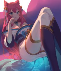 Rule 34 | 1girl, absurdres, ahri (league of legends), animal ear fluff, animal ears, bare shoulders, bell, blue eyes, blush, breasts, cleavage, collarbone, fox ears, fox tail, hair bell, hair between eyes, hair ornament, highres, kitsune, league of legends, long hair, looking at viewer, lying, medium breasts, multiple tails, on back, parted lips, pharamacom, pink hair, smile, solo, spirit blossom ahri, tail, teeth, thigh strap