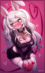 Rule 34 | 1girl, animal ears, blush, breasts, chocolate, cleavage, clickdraws, collarbone, commission, heart, highres, indie virtual youtuber, large breasts, mioshi (vtuber), navel, rabbit ears, self-upload, skirt, twintails, underboob, valentine, virtual youtuber, white hair