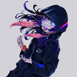 Rule 34 | 1girl, black hair, blue hair, female focus, grey background, highres, hood, ibashi roni, jewelry, multicolored hair, nail polish, nike (company), off-white, original, pacifier, pale skin, ring, simple background, solo, watch, wristwatch