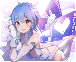 Rule 34 | 1girl, :d, absurdres, animal print, ass, bare shoulders, blue hair, blush, commentary request, crossed ankles, elbow gloves, elbow rest, feet, gloves, hair between eyes, happy, heart, heart-shaped pupils, heart background, heart print, highres, leotard, looking at viewer, lying, neptune (series), on stomach, open mouth, papion, rabbit print, red eyes, short hair with long locks, smile, solo, symbol-shaped pupils, teeth, thighhighs, thighs, upper teeth only, white gloves, white heart (neptunia), white leotard, white thighhighs, wings