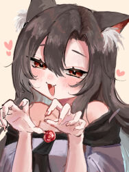 Rule 34 | 1girl, :d, animal ear fluff, animal ears, bare shoulders, brown background, brown hair, dress, fang, half-closed eyes, heart, imaizumi kagerou, long hair, looking at viewer, off-shoulder dress, off shoulder, open mouth, r xly0, red hair, simple background, smile, solo, touhou, white dress, wolf ears, wolf girl