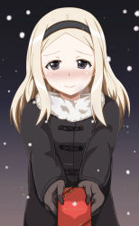 Rule 34 | 10s, 1girl, aleksandra i. pokryshkin, arobiro, bad id, bad pixiv id, blonde hair, blue eyes, blush, box, brave witches, cyrillic, gift, gift box, gloves, hairband, jacket, long hair, looking at viewer, russian text, smile, snow, snowing, solo, valentine, world witches series