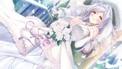 Rule 34 | 1girl, asahina hikage, baffu, bare shoulders, blush, bouquet, breasts, bridal veil, bride, closed mouth, crown, dress, dutch angle, elbow gloves, embarrassed, evelyn devolgard, female focus, flower, game cg, gloves, happy, highres, holding, holding bouquet, jewelry, large breasts, light purple hair, looking at viewer, maokatsu! maou to yuusha no idol seikatsu, original, petals, red eyes, ring, smile, solo, standing, veil, wedding band, wedding dress, white dress