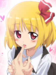 Rule 34 | 1girl, bad id, bad pixiv id, blonde hair, embodiment of scarlet devil, female focus, hair ribbon, licking, licking finger, pov, red eyes, ribbon, rumia, short hair, solo, solo focus, tonbi, touhou