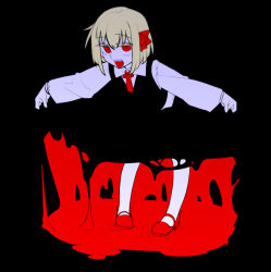 Rule 34 | 1girl, :d, ambiguous red liquid, ascot, black background, black skirt, black vest, blending, blonde hair, bob cut, bow, collared shirt, colored eyelashes, dark background, darkness, fangs, flat color, full body, hair between eyes, hair bow, leaning forward, legs apart, limited palette, long sleeves, looking at viewer, mary janes, open mouth, outstretched arms, puddle, puffy long sleeves, puffy sleeves, red ascot, red bow, red eyes, red footwear, round teeth, rumia, shamo (koumakantv), shirt, shoes, short hair, simple background, skirt, skirt hold, skirt set, smile, solo, spread arms, standing, teeth, tongue, touhou, upper teeth only, vest, white shirt, wing collar