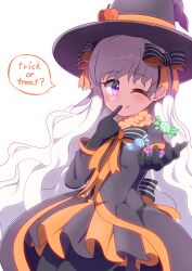 Rule 34 | 1girl, ;), absurdres, black bow, black dress, black gloves, black hat, black pantyhose, black skirt, blush, bow, candy wrapper, closed mouth, commentary request, dress, fang, fang out, fate/extra, fate (series), gloves, grey hair, hair bow, halloween, hat, highres, jack-o&#039;-lantern, long hair, long sleeves, nursery rhyme (fate), one eye closed, orange skirt, pantyhose, pleated skirt, purple eyes, simple background, skirt, smile, solo, striped bow, trick or treat, very long hair, white background, witch hat, yuya090602