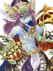 Rule 34 | 1boy, blue skin, cape, colored skin, gauntlets, green eyes, hat, highres, krishna (p&amp;d), long hair, male focus, mosamune, pointy ears, purple hair, puzzle &amp; dragons, topless male, smile, solo