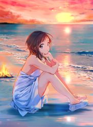 Rule 34 | 1girl, bare shoulders, beach, blue eyes, cloud, cloudy sky, dress, evening, fire, highres, looking at viewer, ocean, original, outdoors, sky, solo, sunset, tiv, water, white dress, white footwear