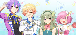 Rule 34 | 2boys, 2girls, blonde hair, butterfly hair ornament, closed eyes, closed mouth, collared shirt, dress, green hair, hair ornament, hair ribbon, hairband, hand on own chin, imoko (imo ss), kamishiro rui, kusanagi nene, long sleeves, looking at another, multiple boys, multiple girls, one eye closed, ootori emu, open mouth, pink eyes, pink hair, project sekai, purple eyes, purple hair, ribbon, shirt, short hair, short sleeves, smile, tenma tsukasa, triangle background, upper body, yellow eyes, yellow ribbon