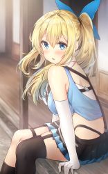Rule 34 | 1girl, absurdres, back, bare shoulders, black thighhighs, blonde hair, blue eyes, blush, breasts, commentary, cowboy shot, elbow gloves, from side, gloves, hallway, haru (re ilust), highres, large breasts, long hair, looking at viewer, mirai akari, mirai akari project, open mouth, outdoors, side ponytail, single thighhigh, sitting, skirt, sleeveless, solo, suspender skirt, suspenders, thighhighs, thighs, virtual youtuber, white gloves