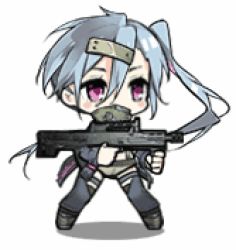 Rule 34 | ahoge, animated, animated gif, ash-12.7, ash-12.7 (girls&#039; frontline), battle rifle, blue hair, boots, bullpup, chibi, covered mouth, girls&#039; frontline, gun, hair ornament, jacket, lowres, non-web source, open clothes, open jacket, purple eyes, rifle, saru, shak-12, solo, thigh boots, thighhighs, victory pose, weapon, wiping face