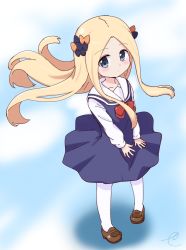 Rule 34 | 1girl, abigail williams (fate), black bow, blonde hair, blue dress, blue eyes, blush, bow, brown footwear, closed mouth, commentary request, cosplay, dress, fate/grand order, fate (series), floating hair, forehead, full body, hair bow, highres, kujou karasuma, loafers, long hair, long sleeves, looking at viewer, orange bow, pantyhose, red bow, sailor collar, sailor dress, shirosaki hana, shirosaki hana (cosplay), shirt, shoes, signature, sleeveless, sleeveless dress, solo, standing, very long hair, watashi ni tenshi ga maiorita!, white pantyhose, white sailor collar, white shirt