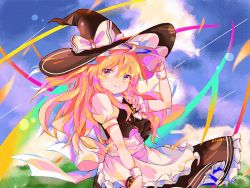 Rule 34 | 1girl, apron, black hat, black skirt, black vest, blonde hair, blurry, blurry background, bow, braid, cloud, cloudy sky, commentary request, cowboy shot, frilled apron, frilled hat, frills, hair bow, hand on headwear, hat, hat bow, kirisame marisa, long hair, looking at viewer, mini-hakkero, pfallen, puffy short sleeves, puffy sleeves, shirt, short sleeves, signature, single braid, skirt, sky, smile, solo, touhou, vest, waist apron, white bow, white shirt, witch hat, wristband, yellow eyes