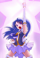 Rule 34 | 10s, 1girl, arm up, arm warmers, boots, clenched hands, cure fortune, dress, happinesscharge precure!, highres, hikawa iona, kurotsuki usagi, long hair, magical girl, necktie, open mouth, ponytail, precure, purple dress, purple eyes, purple hair, purple skirt, raised fist, skirt, solo, star (symbol), thigh boots, thighhighs