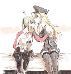 Rule 34 | 10s, 2girls, bare shoulders, bismarck (kancolle), black bra, black gloves, black legwear, blonde hair, blue eyes, bra, breasts, brown gloves, coffee cup, cup, detached sleeves, disposable cup, kissing forehead, gloves, graf zeppelin (kancolle), grey legwear, hair between eyes, hat, heart, highres, kantai collection, kiss, kissing forehead, kriegsmarine, long hair, long sleeves, looking at another, midriff, military, military hat, military uniform, miniskirt, multiple girls, navel, open clothes, open shirt, pantyhose, peaked cap, shirt, sidelocks, sitting, skirt, sweatdrop, takatsuki nato, thighhighs, twintails, underwear, uniform, yuri