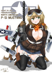 Rule 34 | 1girl, aircraft, airplane, animal ears, bad id, bad pixiv id, blonde hair, breasts, dakku (ogitsune), escort fighter, green eyes, gun, large breasts, long hair, mecha musume, military, military uniform, original, p-51 mustang, panties, pantyshot, personification, skirt, solo, strike witches, tail, thighhighs, underwear, uniform, upskirt, weapon, world war ii, world witches series